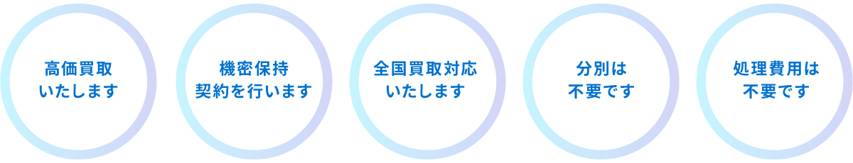 機密保持契約を行います／全国買取対応いたします／分別は不要です／処理費用は不要です